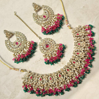 Tessa Multicolour (Pink & Green) Polki Necklace Set with Tikka