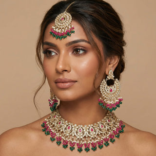 Tessa Multicolour (Pink & Green) Polki Necklace Set with Tikka