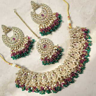 Tessa Multicolour (Purple & Green) Polki Necklace Set with Tikka