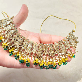 Tessa Multicolour (Yellow & Green) Polki Necklace Set with Tikka