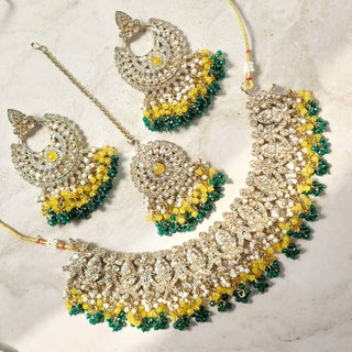 Tessa Multicolour (Yellow & Green) Polki Necklace Set with Tikka