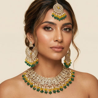 Tessa Multicolour (Yellow & Green) Polki Necklace Set with Tikka