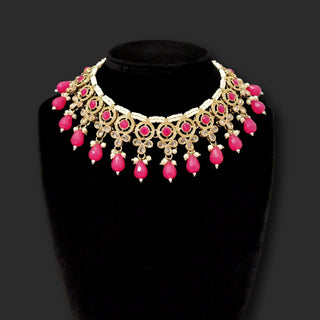 Theresa Magenta Pink Polki Necklace Set with Maang Tikka