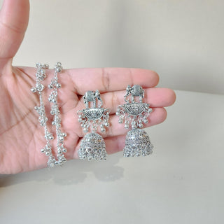 Vanessa (Detachable Hair Chain) Baahubali German Silver Jhumka Earrings