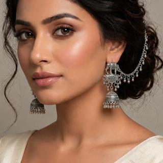 Vanessa (Detachable Hair Chain) Baahubali German Silver Jhumka Earrings