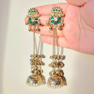 Veera Green Kashmiri Shoulder Duster Jhumka Antique Gold Finish Earrings
