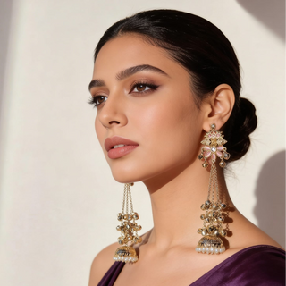Veera Light Pink Kashmiri Shoulder Duster Jhumka Antique Gold Finish Earrings