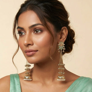 Veera Mint Green Kashmiri Shoulder Duster Jhumka Antique Gold Finish Earrings