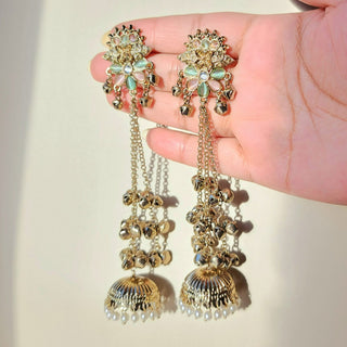 Veera Multicolour Kashmiri Shoulder Duster Jhumka Antique Gold Finish Earrings