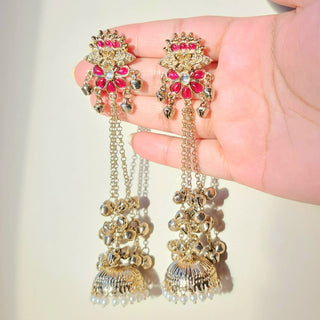 Veera Ruby Red Kashmiri Shoulder Duster Jhumka Antique Gold Finish Earrings