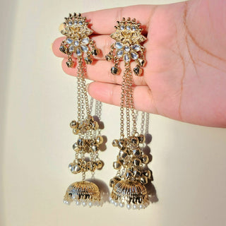 Veera White Kashmiri Shoulder Duster Jhumka Antique Gold Finish Earrings