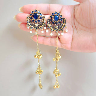 Veronica Blue Kashmiri Oxidised Gold Finish Earrings