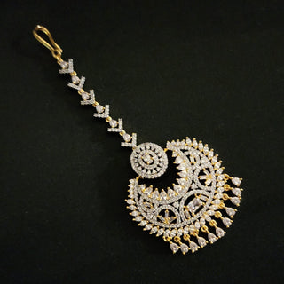 Vikki CZ 18K Gold Plated Maang Tikka with Swarovski bead accents, 4.5 cm