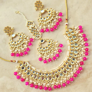 Abigail Pink Uncut Kundan Necklace Set with Tikka