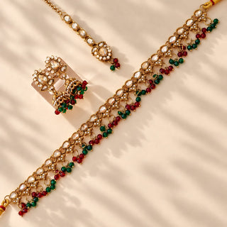 Raya Dark Red & Green Polki Choker Necklace Set