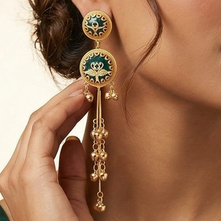 Xena Green Kashmiri Gold Finish Earrings