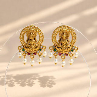 Winifred multicolour Kemp Lakshmi temple stud earrings gold finish green pink stones pearl drops display stand