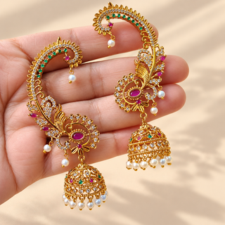 Anvika multicolour CZ diamond gold finish ear cuff earrings hand-held scale