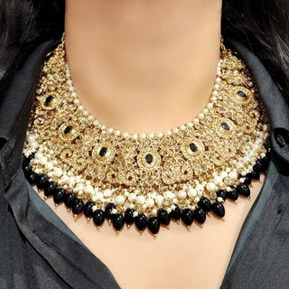 Adele Black Polki Necklace Set with Maang Tikka & Passa (Jhoomer) - ECLAT INDIAN JEWELSNecklace SetsBlack