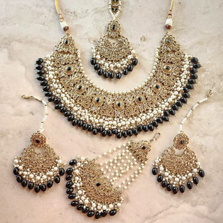 Adele Black Polki Necklace Set with Maang Tikka & Passa (Jhoomer) - ECLAT INDIAN JEWELSNecklace SetsBlack