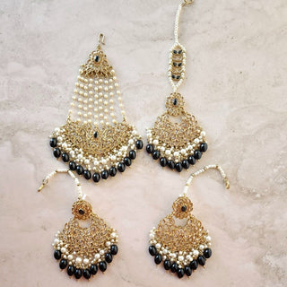 Adele Black Polki Necklace Set with Maang Tikka & Passa (Jhoomer) - ECLAT INDIAN JEWELSNecklace SetsBlack