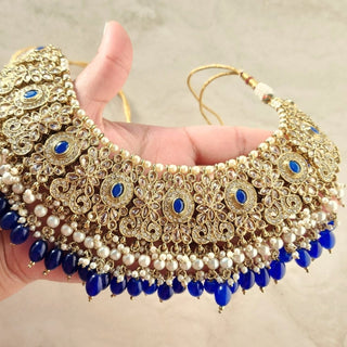 Adele Blue Polki Necklace Set with Maang Tikka & Passa (Jhoomer) - ECLAT INDIAN JEWELSNecklace SetsBlue