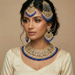 Adele Blue Polki Necklace Set with Maang Tikka & Passa (Jhoomer) - ECLAT INDIAN JEWELSNecklace SetsBlue