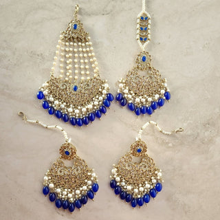 Adele Blue Polki Necklace Set with Maang Tikka & Passa (Jhoomer) - ECLAT INDIAN JEWELSNecklace SetsBlue