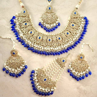 Adele Blue Polki Necklace Set with Maang Tikka & Passa (Jhoomer) - ECLAT INDIAN JEWELSNecklace SetsBlue