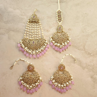 Adele Lilac Purple Polki Necklace Set with Maang Tikka & Passa (Jhoomer) - ECLAT INDIAN JEWELSNecklace SetsPurple