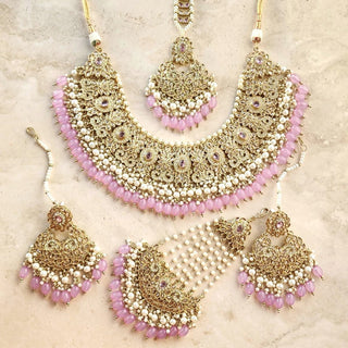 Adele Lilac Purple Polki Necklace Set with Maang Tikka & Passa (Jhoomer) - ECLAT INDIAN JEWELSNecklace SetsPurple