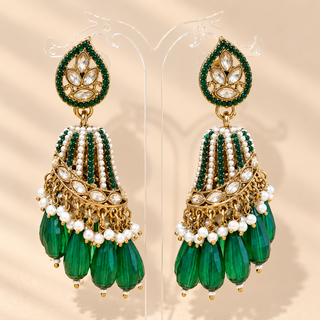 Adeline dark emerald green polki jhumka earrings gold finish with pearl accents and deep green bead drops on stand