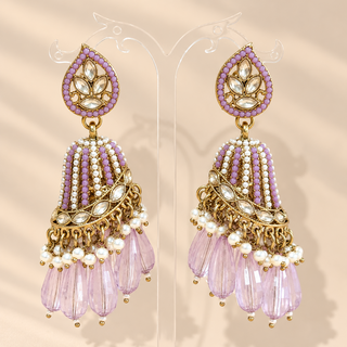 Adeline lavender light purple polki jhumka earrings gold finish with lilac beadwork, pearl accents and translucent lavender drops on stand