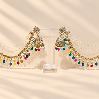 Adeline multicolour mirror baahubali jhumka earrings on display with gold finish, colourful bead drops and pearl ear chains