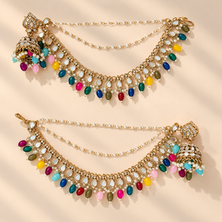 Full length pair of Adeline multicolour mirror baahubali jhumka earrings with mirrored teardrop links and colourful beads