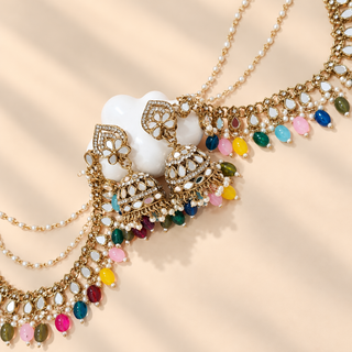Close-up of Adeline multicolour mirror jhumka earrings with gold-tone domes, pearls and multicolour bead detailing