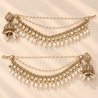 Full view of Adeline white mirror baahubali jhumka earrings with decorative chains and pearl drops