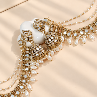 Adeline white mirror baahubali jhumka earrings close-up showing gold tone mirror work and pearl fringes