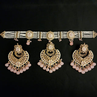 Alessandra Pink Sheesh Phool Earrings Polki Set - ECLAT INDIAN JEWELSTikka SetsPink