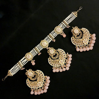 Alessandra Pink Sheesh Phool Earrings Polki Set - ECLAT INDIAN JEWELSTikka SetsPink