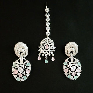 Alessia Pink Mint Green CZ AD Diamond Simulant Tikka Set - ECLAT INDIAN JEWELSTikka SetsMulticolour