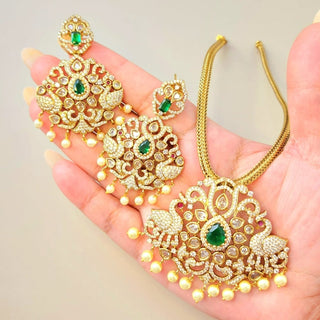 Alia Green Moissanite Peacock CZ Diamond Simulant Necklace Set - ECLAT INDIAN JEWELSNecklace SetsGreen