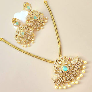 Alia Mint Green Moissanite Peacock CZ Diamond Simulant Necklace Set - ECLAT INDIAN JEWELSNecklace SetsGreen