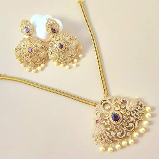 Alia Purple Peacock Moissanite CZ Diamond Simulant Necklace Set - ECLAT INDIAN JEWELSNecklace SetsPurple