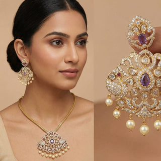 Alia Purple Peacock Moissanite CZ Diamond Simulant Necklace Set - ECLAT INDIAN JEWELSNecklace SetsPurple