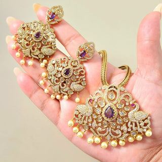 Alia Purple Peacock Moissanite CZ Diamond Simulant Necklace Set - ECLAT INDIAN JEWELSNecklace SetsPurple