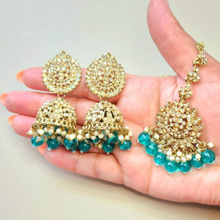 Alisha Teal Blue Polki Choker Necklace Set with Tikka & Passa - ECLAT INDIAN JEWELSNecklace SetsBlue