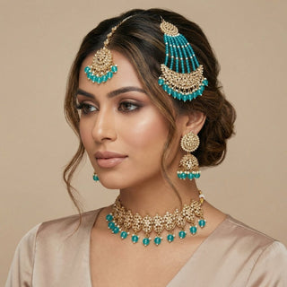 Alisha Teal Blue Polki Choker Necklace Set with Tikka & Passa - ECLAT INDIAN JEWELSNecklace SetsBlue