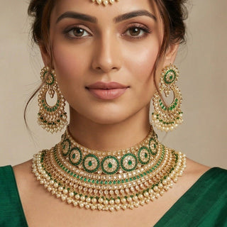 Alison Green Polki Necklace Set with Tikka - ECLAT INDIAN JEWELSNecklace SetsGreen