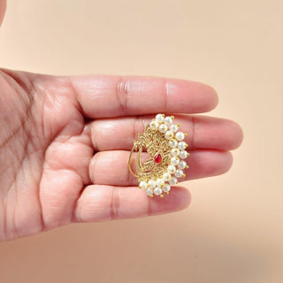 Ally Maharashtrian Red Peacock Gold Nath (no piercing needed) - ECLAT INDIAN JEWELSNose Ring (Nath)Red
